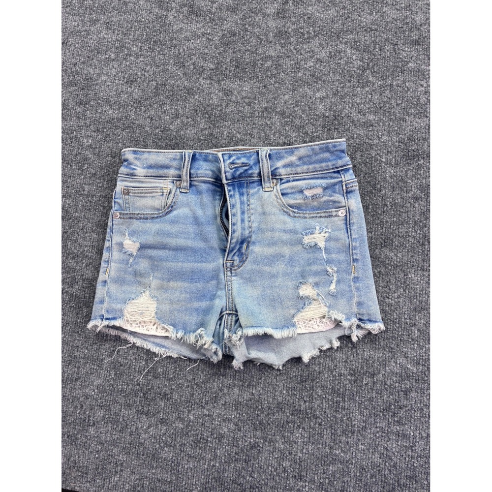 American Eagle Womens High Rise Shortie Jean Shorts Light Wash Lace Distressed 0